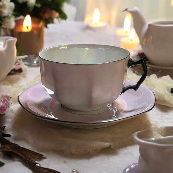 Vtg 1940's Rudolf Wachter Lusterware Teapot, 2 Cup & Saucers Pink/Art Deco - Picture 5 of 8